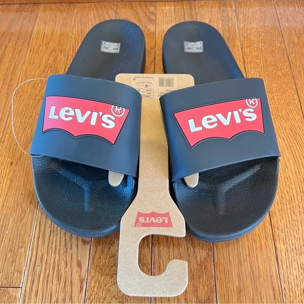 LEVIS Mens Batwing Slide 2 Black & Red Synthetic Upper Slippers Logo Size: 11,12